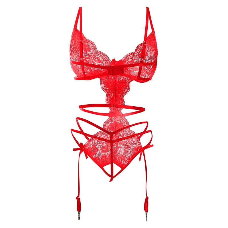 Erotic Lingerie For Women Sexy Costume Garter + Thong Set Lace Mesh Nightie Deep V Suspenders Baby Doll Dress Porn Underwear Set