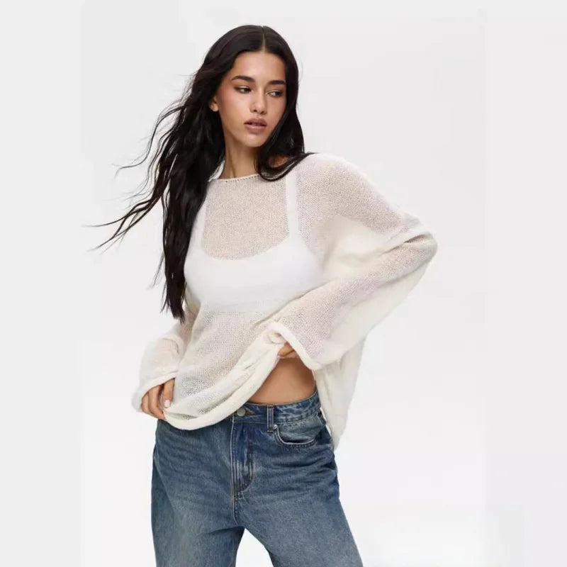 2025New Spring and Autumn Hollow Out Sweater for Women European and American StyleinsSoft and Loose Knitted Long Sleeve Cover-Up