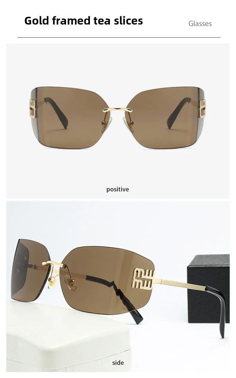 Curved One-Piece Sunglasses, Frameless Square Cut-Edge Design, UV400 Protection, Women's High-End Street Style