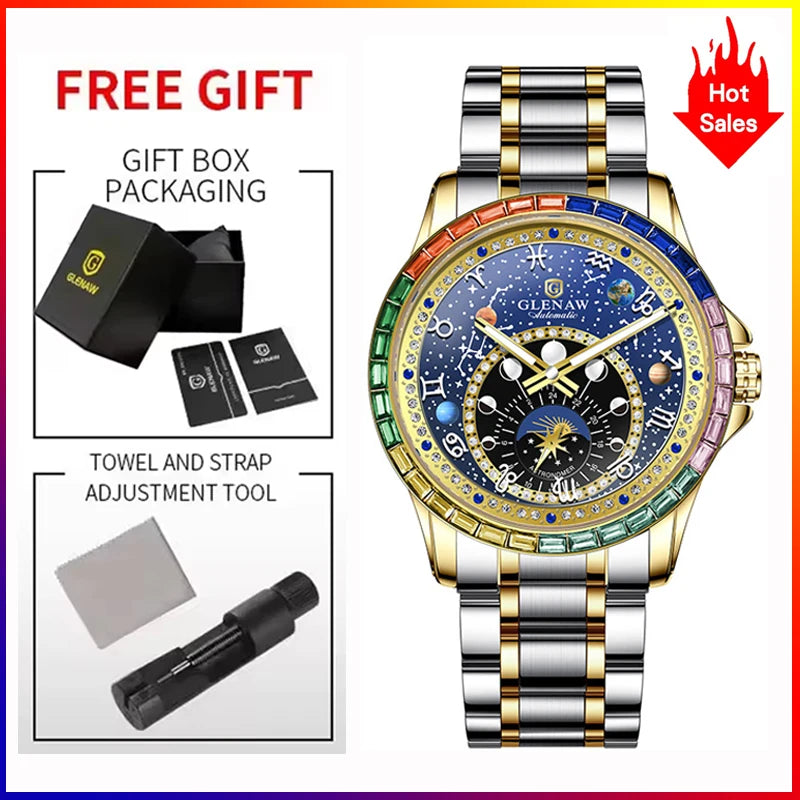 2025 New GLENAW Rainbow Circle Mechanical Watch Men Constellation dial Design Night Light Waterproof Top Luxury Mechanical Watch