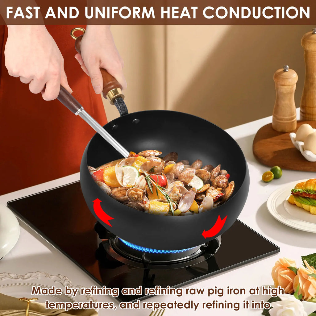24cm Iron Wok Pan Skillet Iron Stir Fry Pans Non-stick Cooking Pan for Electric Induction Cooktops Woks Kitchen Supplies