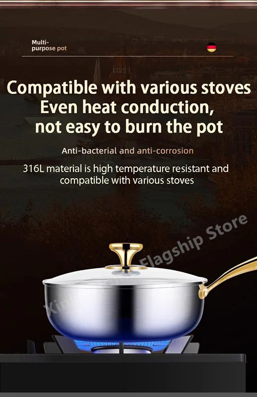 316 Stainless Steel Frying Pan Deepened Uncoated Wok NonStick Skillets Gas Stove Induction Cooker Universal Kitchen Cookware Pan