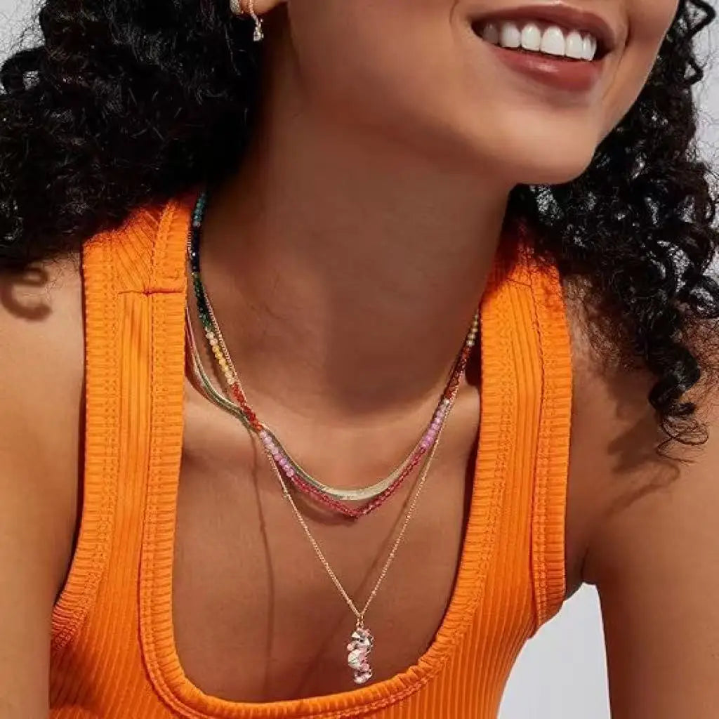 Boho Beaded Necklace for Women, 14K Gold Plated Pendant Rainbow Gemstone Choker Colorful Summer Beach Jewelry Gifts