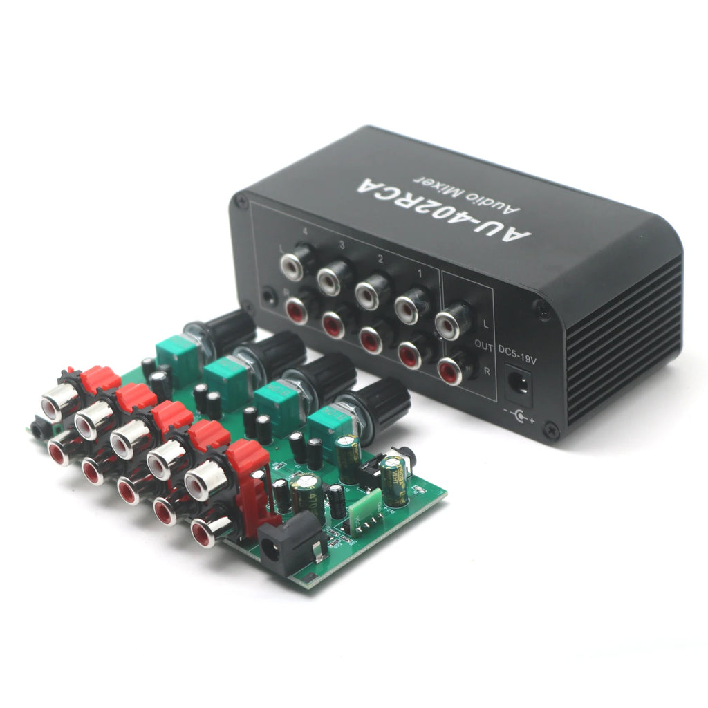 4-in/2-out Stereo Audio Mixer - RCA 3.5mm Inputs Auto-Mixing No Switching Required Volume Control Drive Headphone Amplifier