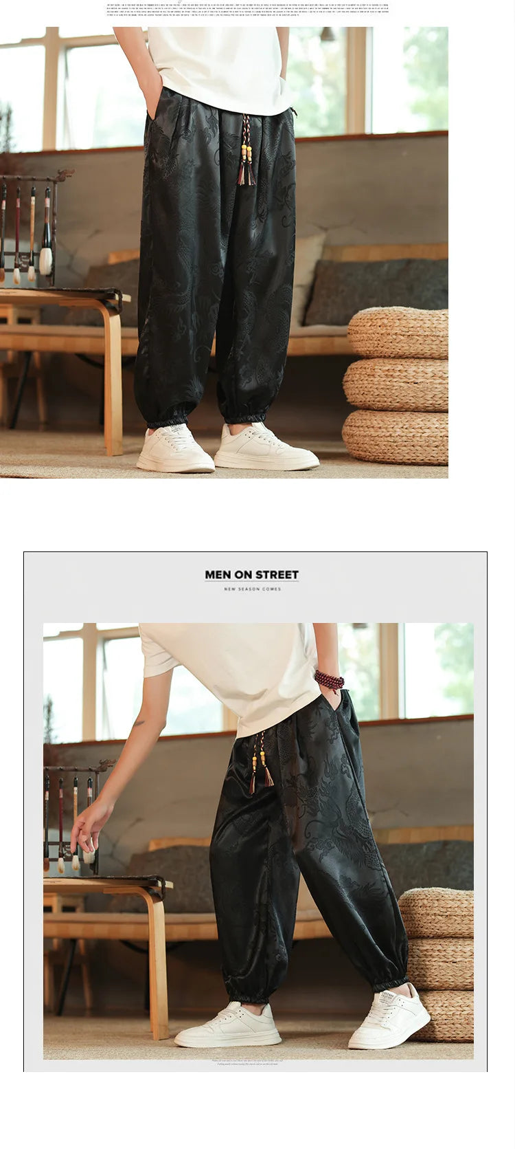 2026 Men's Chinese Style Pants Summer Ice Silk Casual Trousers Vintage Dragon Print High Quality Loose Wide Leg Harem Pants Male