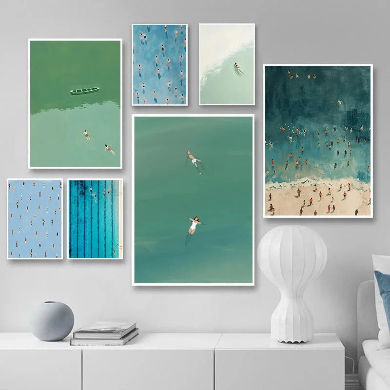 Canvas Painting Decoration Minimalist Abstract Surrealism Light Green Seawater Swimming Art Living Room Bedroom Home Decoration