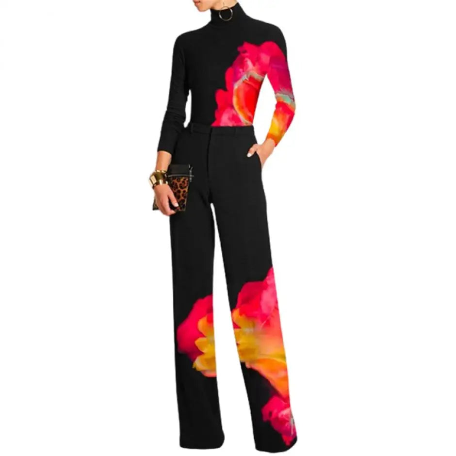 Casual Spring Women Tops Fashion Contrast Color Printed 2025 New Long Sleeve High Neck Skinny T-Shirts For Office Lady