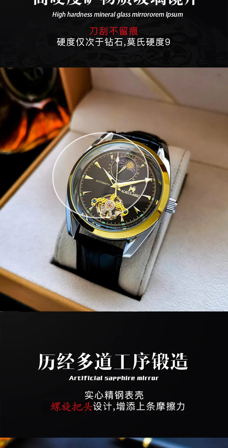 AOKULASIC Luxury Mens Automatic Mechanical Watch Moon Phase Stars Tourbillon Luminous Waterproof Fashion Wristwatch