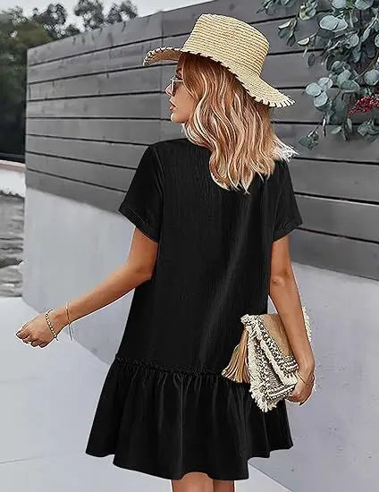 Casual Cotton Linen Summer Mini Dress For Women V-Neck Ruffles Short Sleeve Short Dress Ladies Fashion Loose Button Dresses