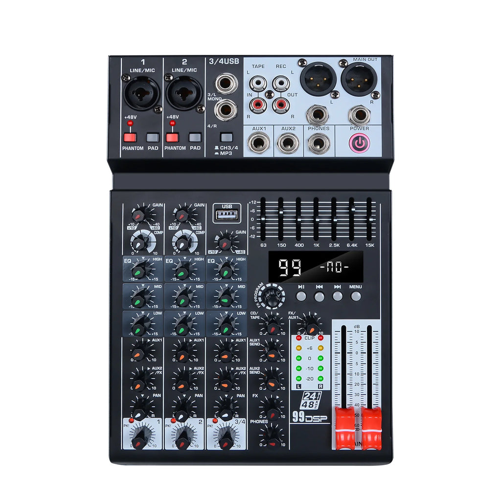 99 effects 4-channel mixing console with balance adjustment function Digital USB Bluetooth Echo Delay Effect 48V Stereo
