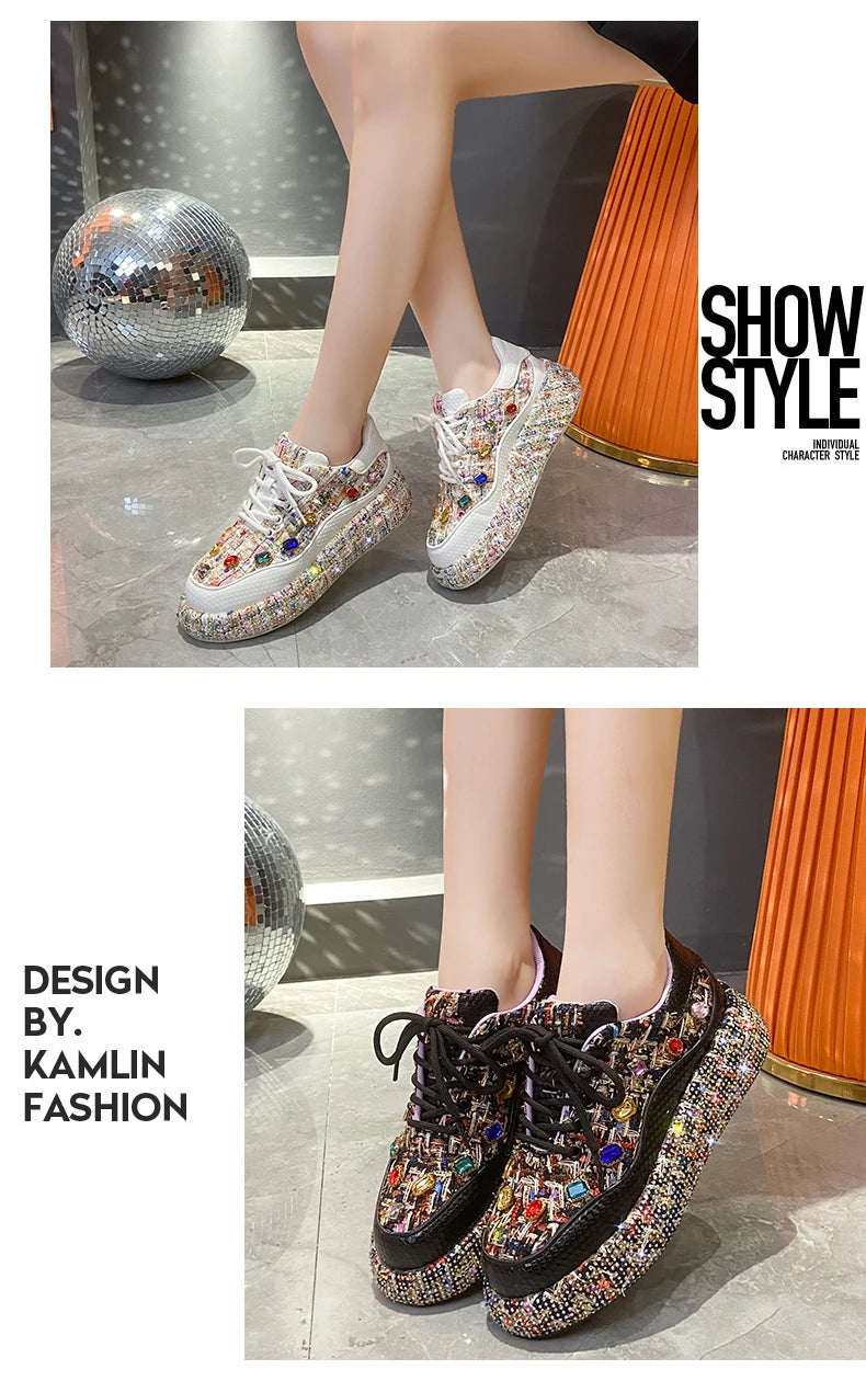 Designer Sneakers for Women 2025 New Spring Shiny Rhinestones Women's Vulcanize Shoes Fashion Autmn Platform Casual Shoes Female