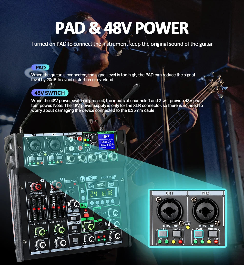 4 Channel Karaoke Audio Mixer with Dual UHF Wireless Microphone USB Bluetooth DJ Mixer for Party Computer Studio Recording DGNOG