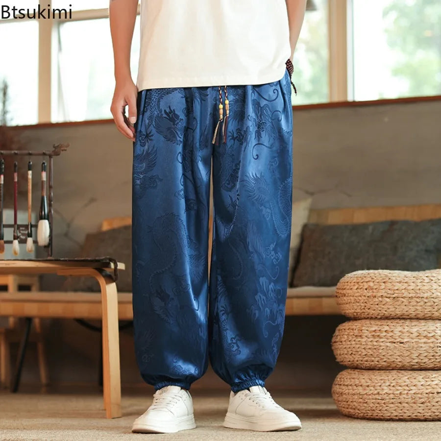 2026 Men's Chinese Style Pants Summer Ice Silk Casual Trousers Vintage Dragon Print High Quality Loose Wide Leg Harem Pants Male