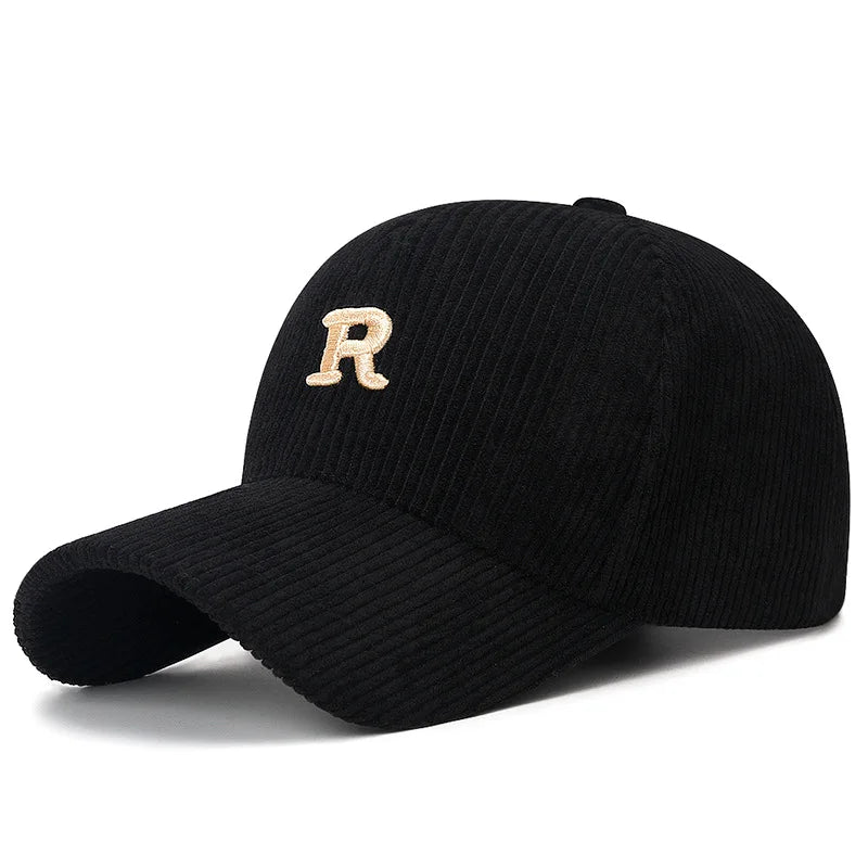 Corduroy Baseball Cap with 3D Embroidered 'R' Letter Solid Color Adjustable Structured Hat Stylish Fall and Winter Accessory