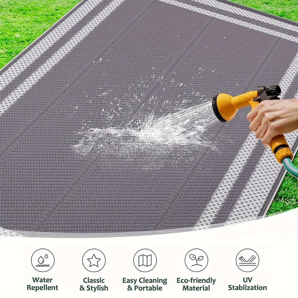6' x 9' Outdoor Mat with Ground Pegs - Durable PP Material, Gray and White Grid Pattern, Perfect for Patio, Camping and Outdoor