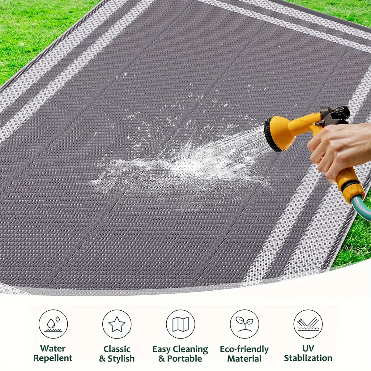6' x 9' Outdoor Mat with Ground Pegs - Durable PP Material, Gray and White Grid Pattern, Perfect for Patio, Camping and Outdoor