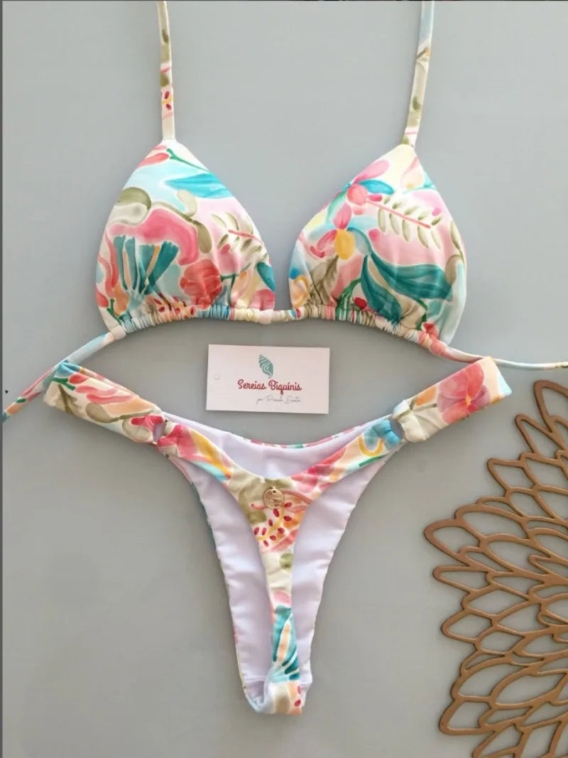 2026 New Bikinis Women Swimsuit Sexy Swimwear Halter Bikini Set Lace-up Biquine Brasileiro Thong Print Beachwear Party Wear