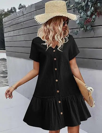 Casual Cotton Linen Summer Mini Dress For Women V-Neck Ruffles Short Sleeve Short Dress Ladies Fashion Loose Button Dresses