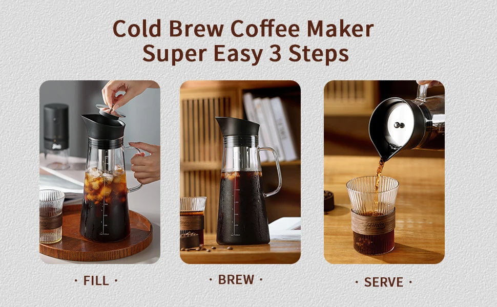 BINCOO 1500ML Cold Brew Coffee Maker with Removable Stainless Steel Filter, Home Cold Brew Coffee Iced Tea Maker & Fruit Pitcher