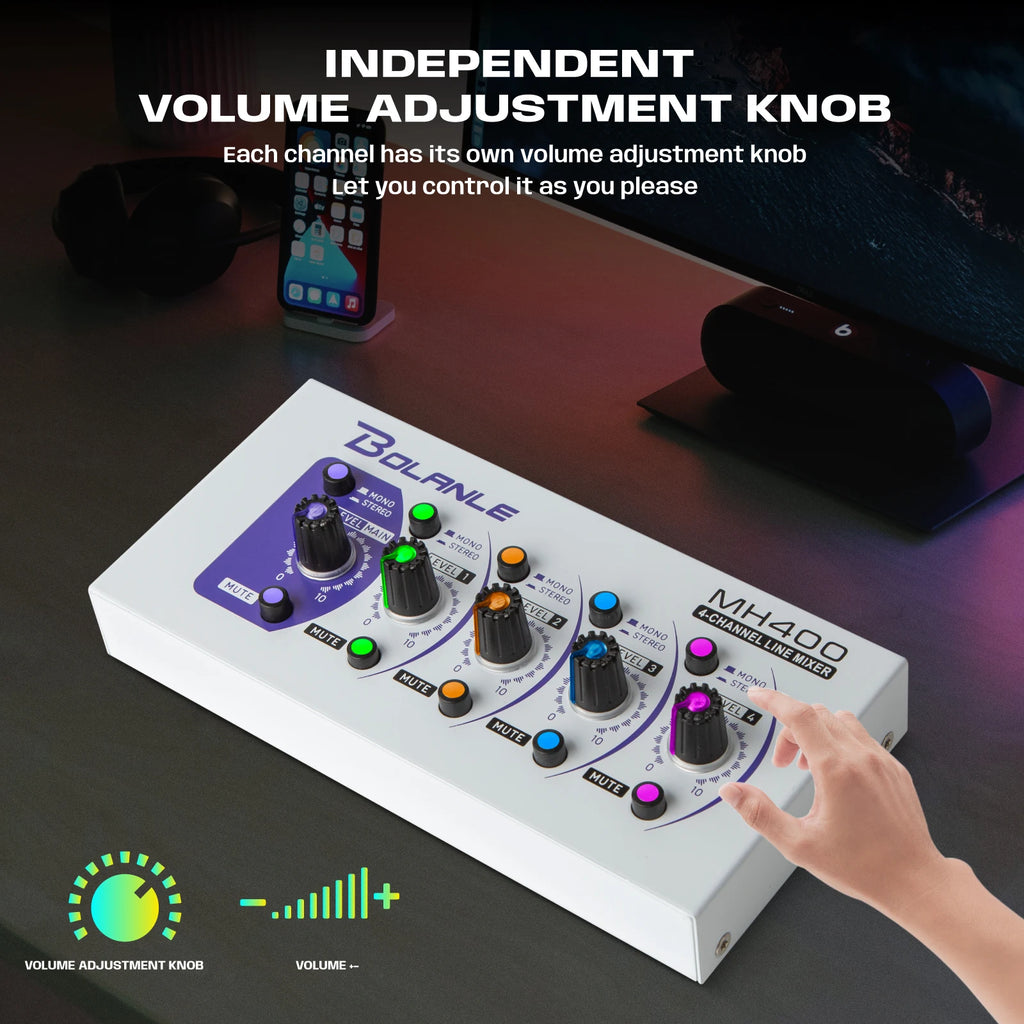 Bolanle Ultra Low-Noise 4-Channel Line Mixer Equipped with stereo mono switching and  mute function RGB lighting effect