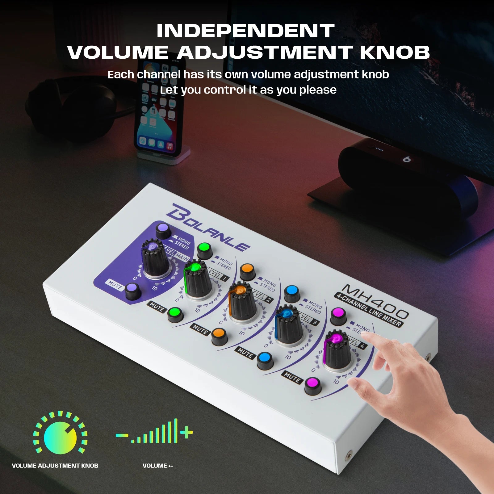 Bolanle Ultra Low-Noise 4-Channel Line Mixer Equipped with stereo mono switching and  mute function RGB lighting effect