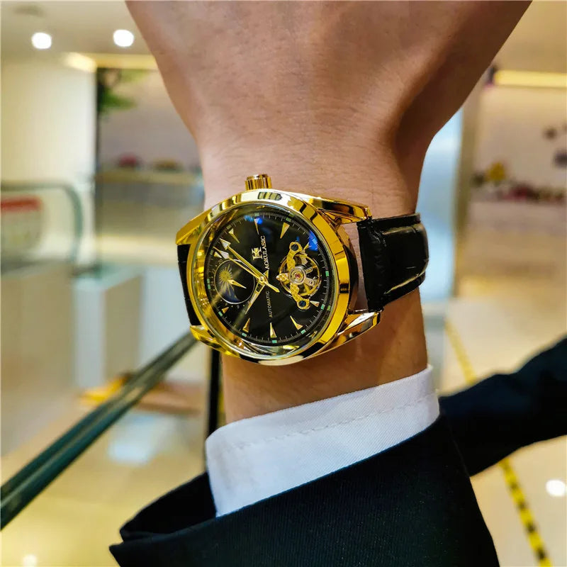 AOKULASIC Luxury Mens Automatic Mechanical Watch Moon Phase Stars Tourbillon Luminous Waterproof Fashion Wristwatch