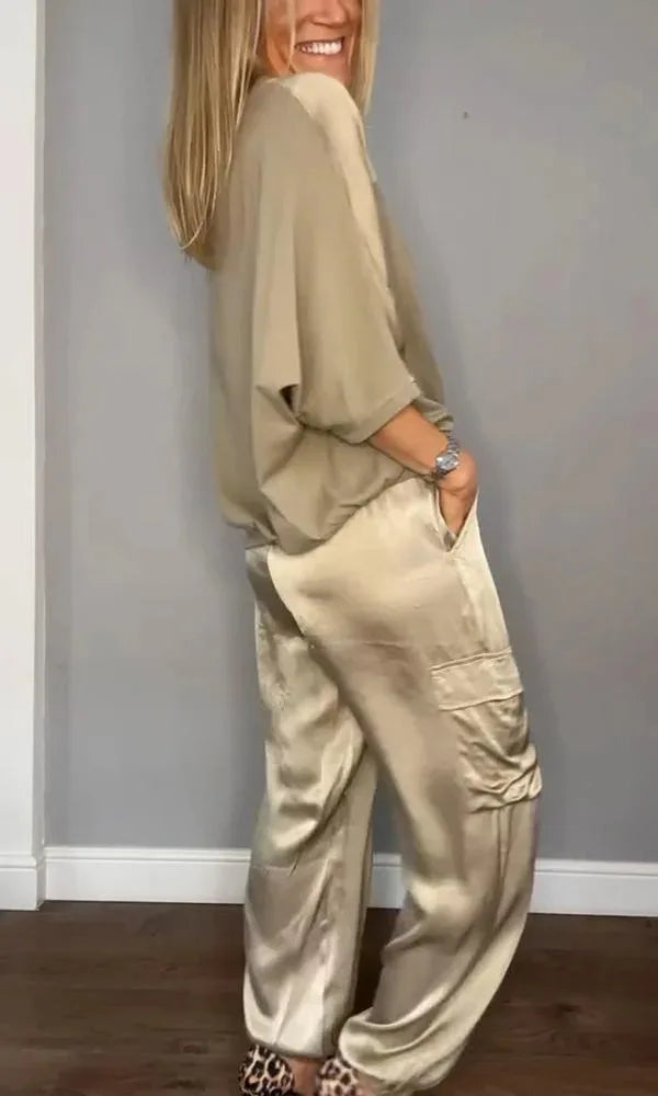 2024 Spring Women's New Fashionable Smooth Satin Half Sleeve Top With Strap Pants Pocket Set Half Sleeve Pants Two Piece Set