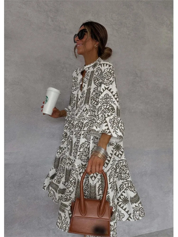 Casual Bohemian Style Print Midi Dresses Women Fashion V-neck 3/4 Sleeve Loose Shirt Dress Summer Female Beach Dress Vestidos