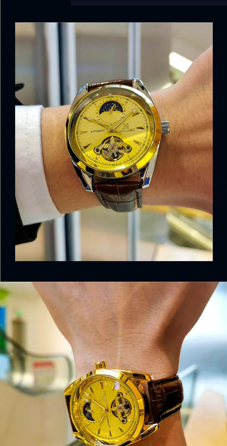 AOKULASIC Luxury Mens Automatic Mechanical Watch Moon Phase Stars Tourbillon Luminous Waterproof Fashion Wristwatch