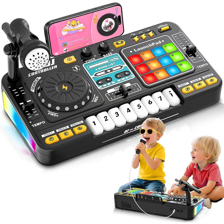 DJ Mixer for Kids, Toddler DJ Mixing Table with DJ Turntable, Game Mode, Light & Speed Control and Microphone, Gifts for 3 4 5 6