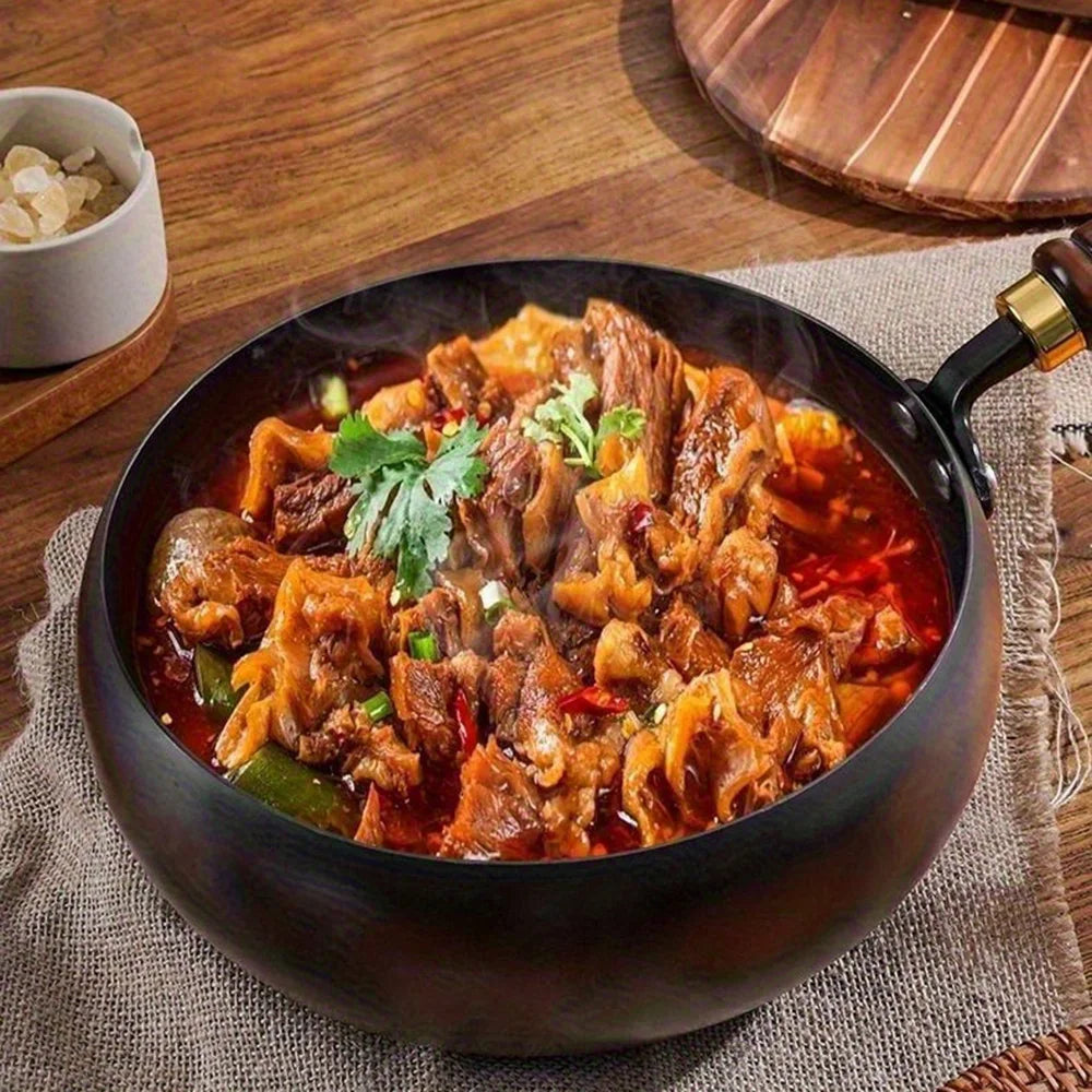 Cast iron pot with lid - handmade traditional design, wide belly and non stick mirror surface, splash proof