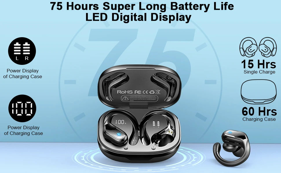 75Hrs Bluetooth 5.3 IP7 Waterproof Wireless Headphones with ENC Noise Cancelling Deep Bass Earhook For Sports Workout Gym Earbud