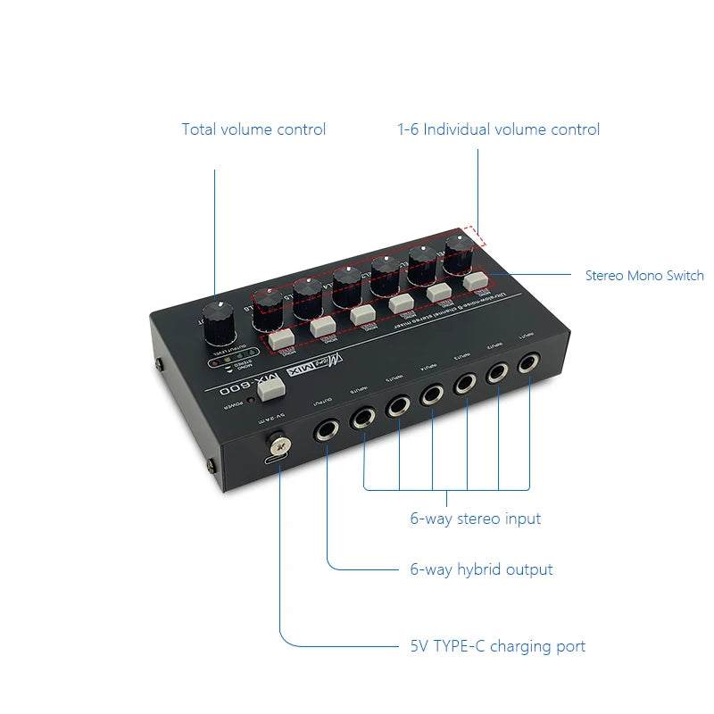6-Channel Stereo Audio Mixer Mini Portable Professional USB Audio Mixer, Ultra-Low Noise Line Mixing For On-Site Recording ﻿