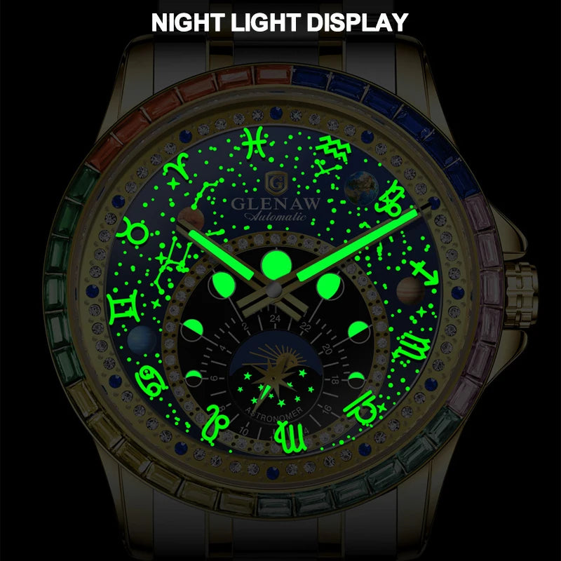 2025 New GLENAW Rainbow Circle Mechanical Watch Men Constellation dial Design Night Light Waterproof Top Luxury Mechanical Watch