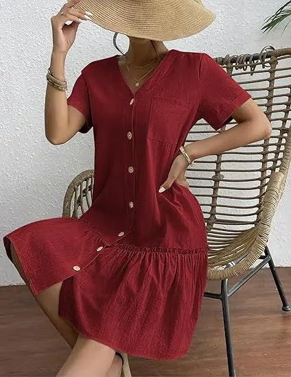 Casual Cotton Linen Summer Mini Dress For Women V-Neck Ruffles Short Sleeve Short Dress Ladies Fashion Loose Button Dresses