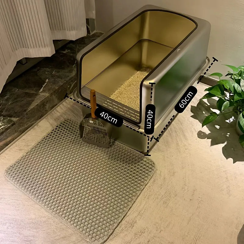 Extra-Large 60cm Cat Litter Box Stainless Steel Cat Poop Tray Raised Fence Cat Toilet Odor-Proof Anti-Splash Pet Litter Box