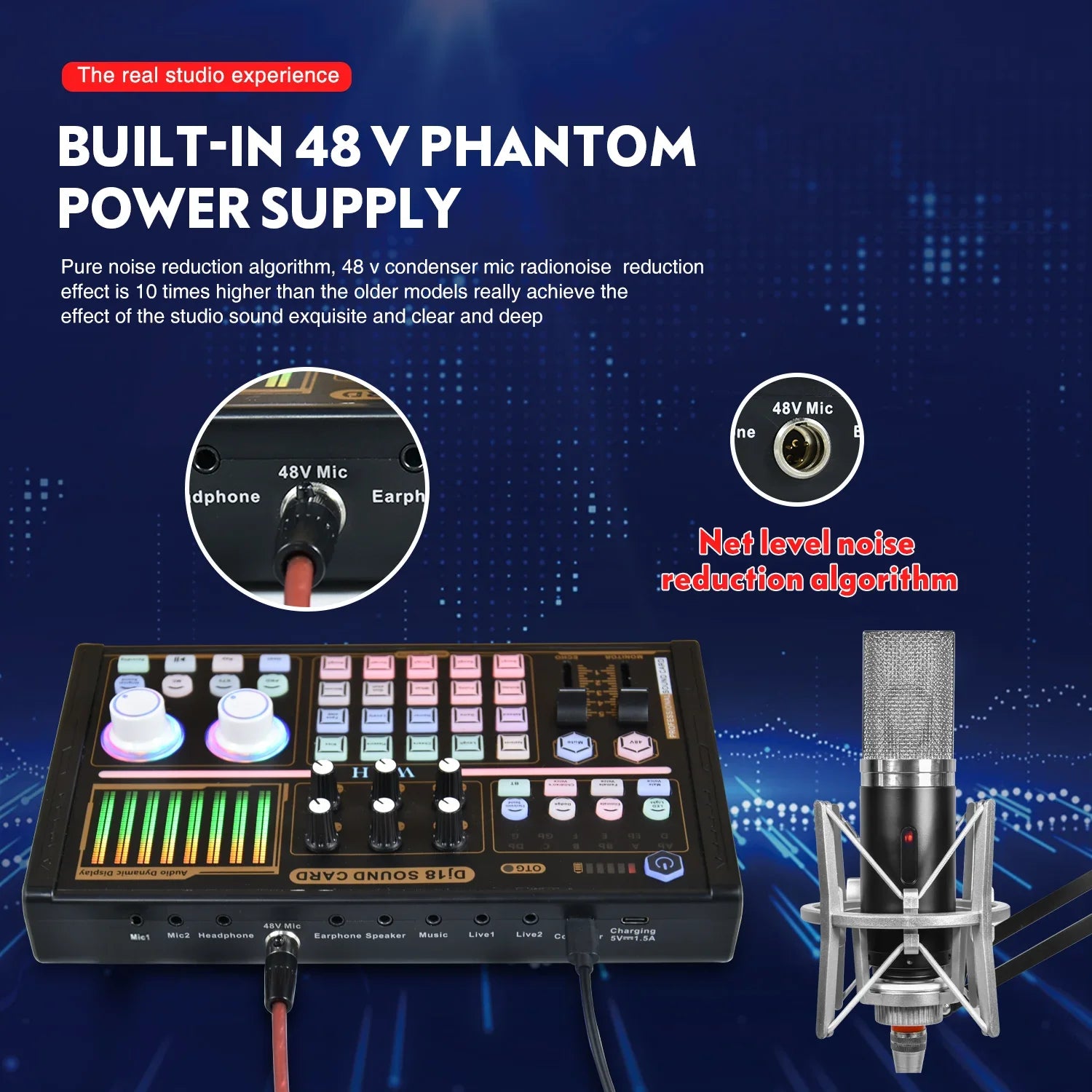 DJ18 Sound Card Studio Record Professional Mixer Singing Noise Reduction Microphone Voice BM800 Live Broadcast Mick Tok Music