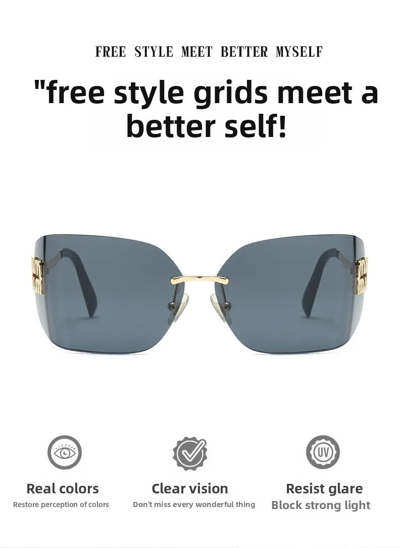 Curved One-Piece Sunglasses, Frameless Square Cut-Edge Design, UV400 Protection, Women's High-End Street Style