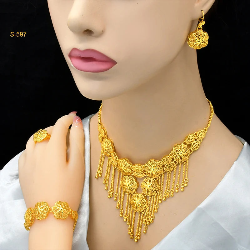 Ethiopian Tassel 24k Gold Plated Jewelry Sets For Women Arabic Wedding Indian Bridal Dubai Necklace And Earring Set Party Gifts