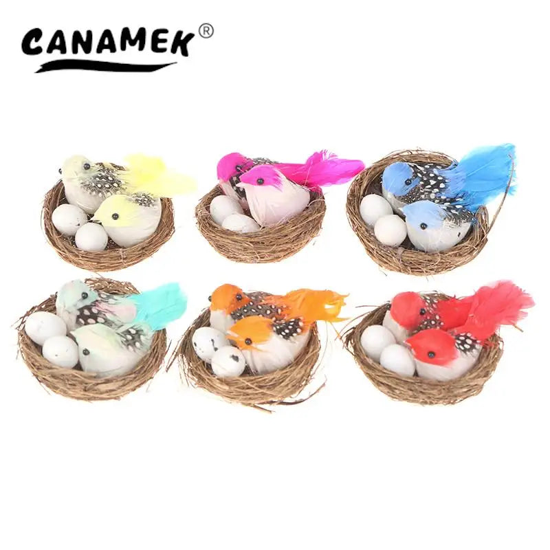 1 Set Artificial Feathered Birds & Nest & Egg Creative Craft Birds Sculpture Art Decoration Home Garden
