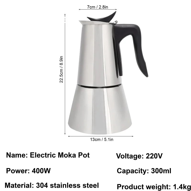 110V/220V Electric Coffee Maker 300ml 304 Stainless Steel Mocha Pot Electric Italian Coffee Maker Percolator for Home
