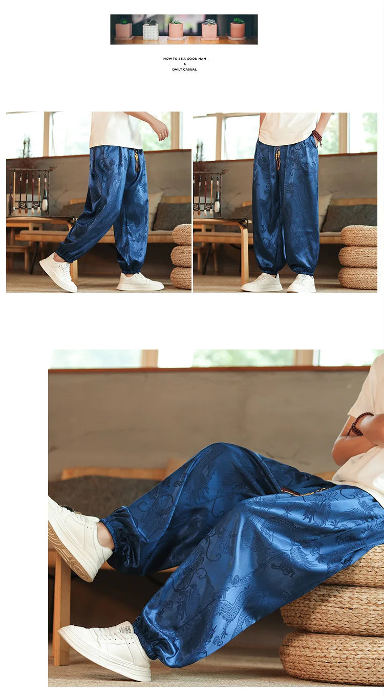 2026 Men's Chinese Style Pants Summer Ice Silk Casual Trousers Vintage Dragon Print High Quality Loose Wide Leg Harem Pants Male