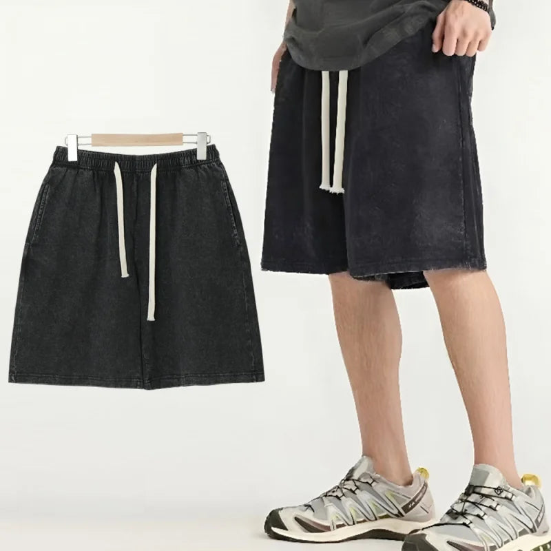 2026 New Distressed Summer Shorts Men 320G Heavy Cotton Drawstring Harajuku Loose Sweatshorts Male Casual Short Pant Streetwear