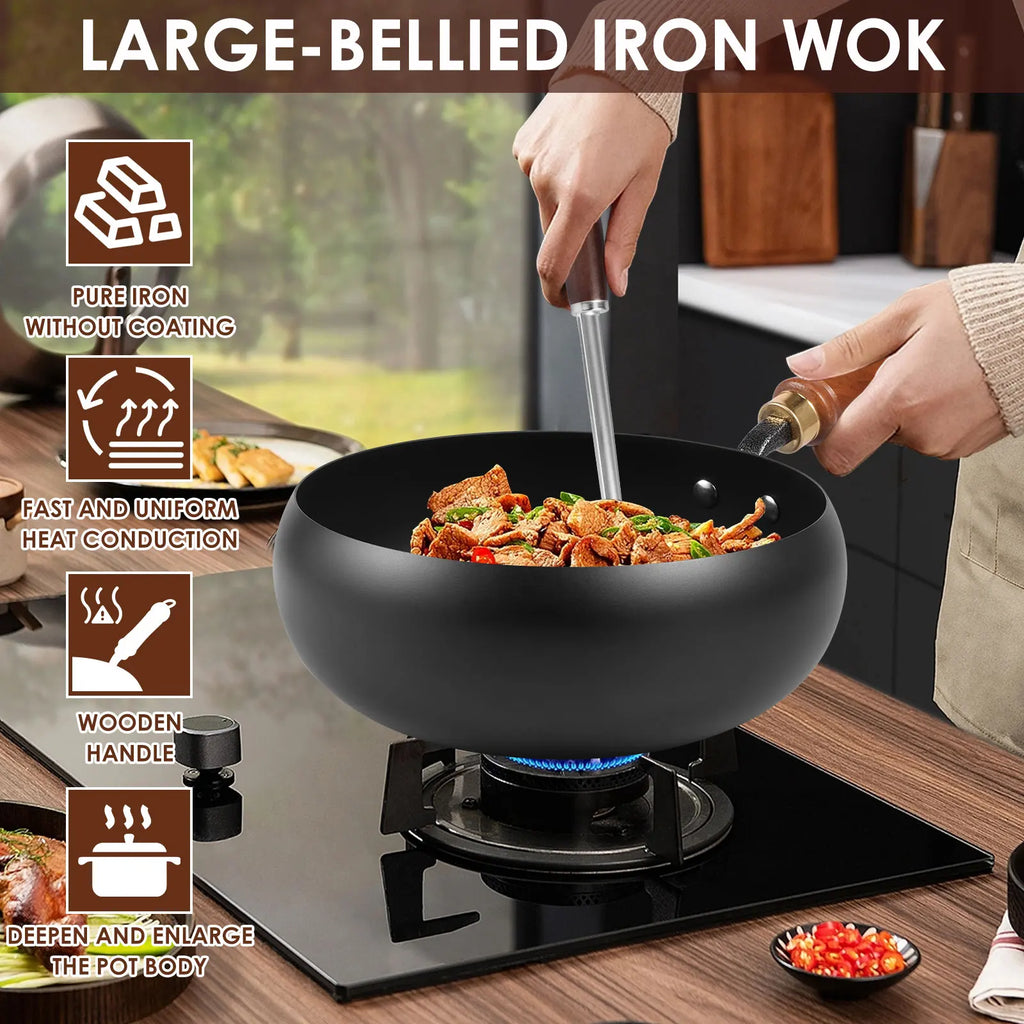 24cm Iron Wok Pan Skillet Iron Stir Fry Pans Non-stick Cooking Pan for Electric Induction Cooktops Woks Kitchen Supplies