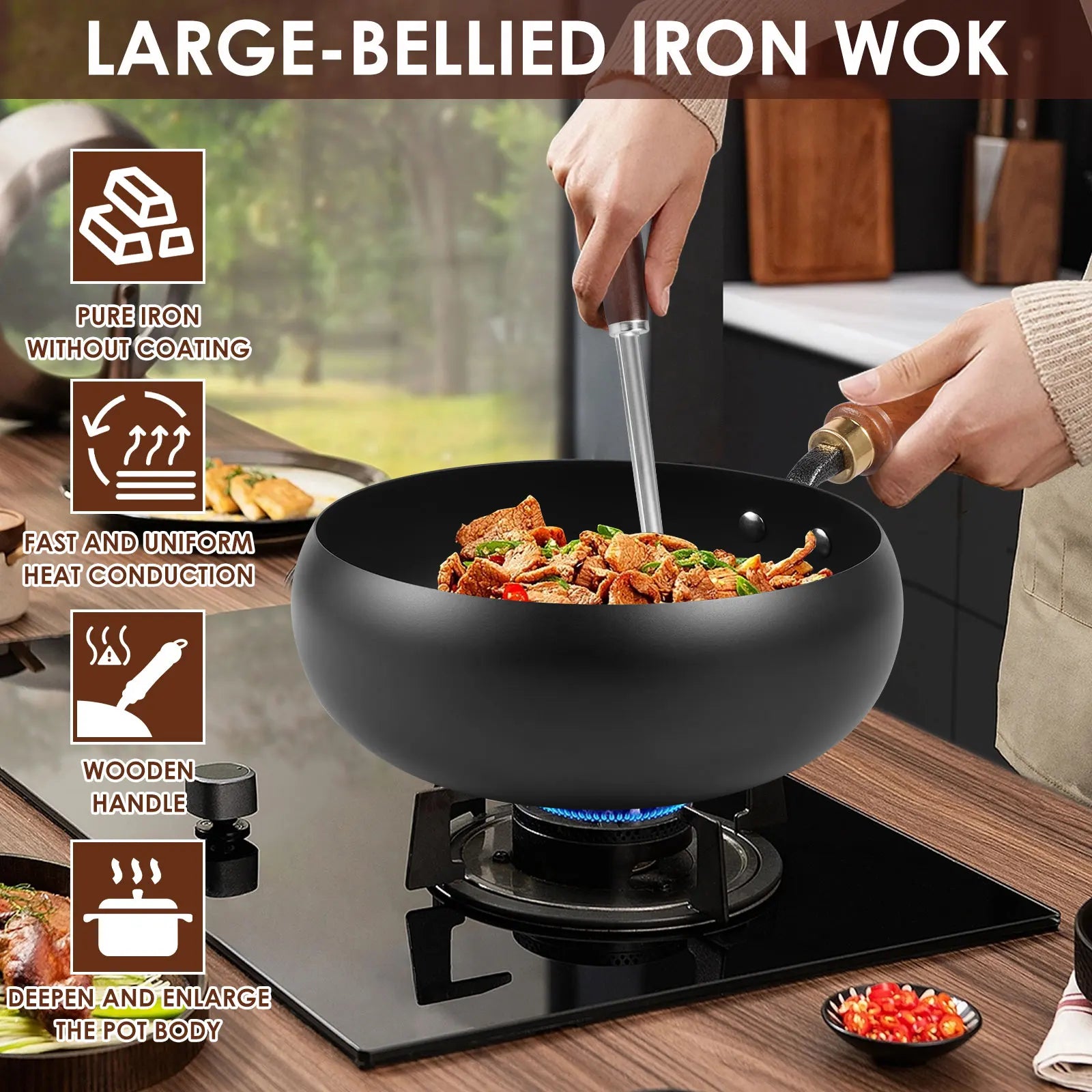 24cm Iron Wok Pan Skillet Iron Stir Fry Pans Non-stick Cooking Pan for Electric Induction Cooktops Woks Kitchen Supplies