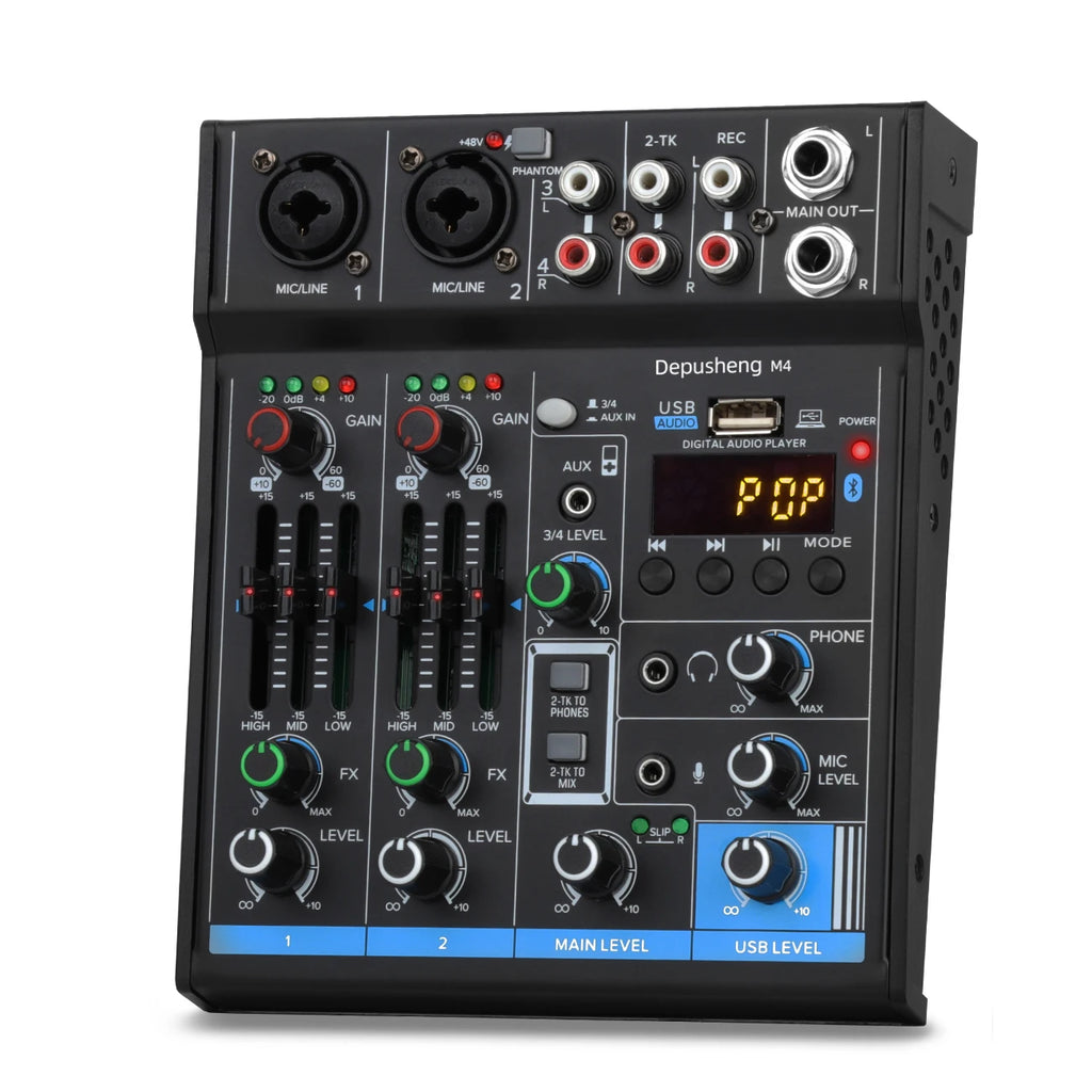 Audio Mixer Depusheng M4 4-Channels Mini Sound Mixing Console Bluetooth USB Record Computer 5V Repaeat Effect