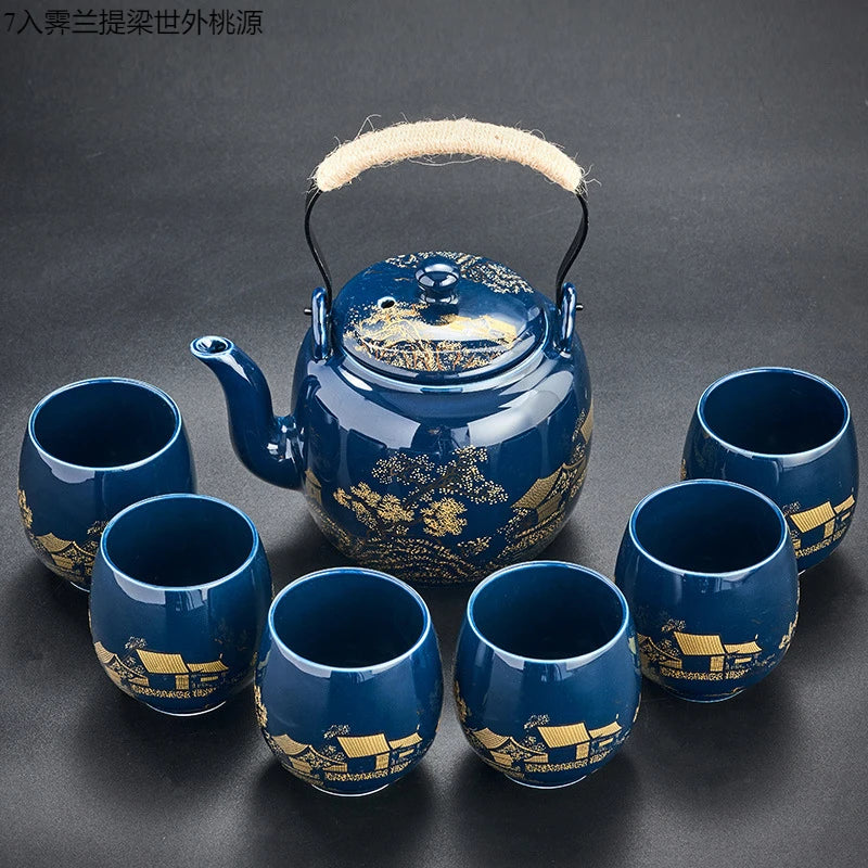 Black glaze large-capacity tea set, simple ceramic beam pot, teacup whole tea pot set  tea set  tea pot and cup set