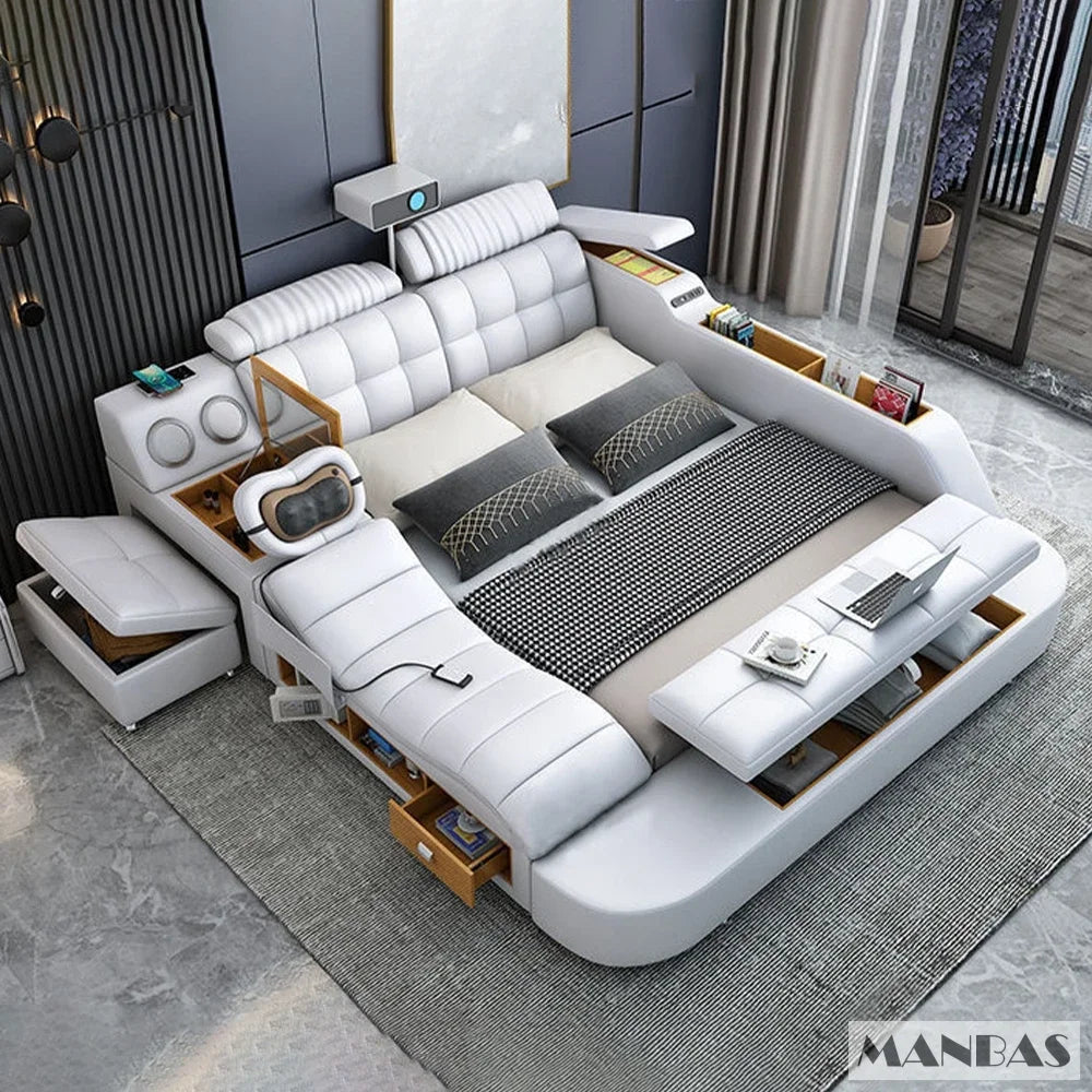 D MANBAS Tech Smart Genuine Leather Bed | Multifunctional Ultimate Beds | Massage Tatami Bed With Projecter | Upholstered Cama
