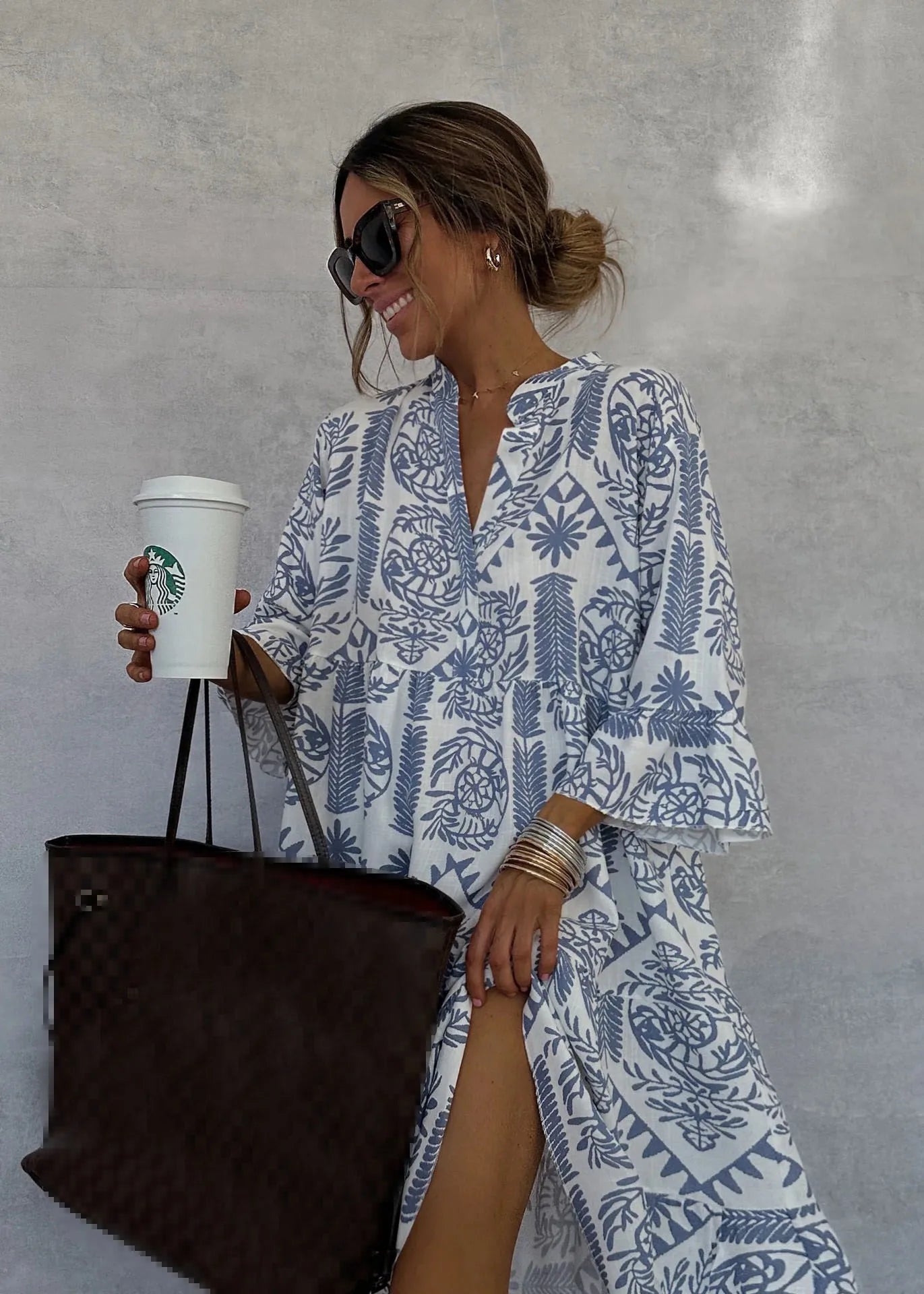 Casual Bohemian Style Print Midi Dresses Women Fashion V-neck 3/4 Sleeve Loose Shirt Dress Summer Female Beach Dress Vestidos