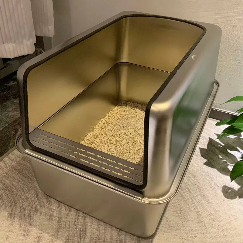 Extra-Large 60cm Cat Litter Box Stainless Steel Cat Poop Tray Raised Fence Cat Toilet Odor-Proof Anti-Splash Pet Litter Box